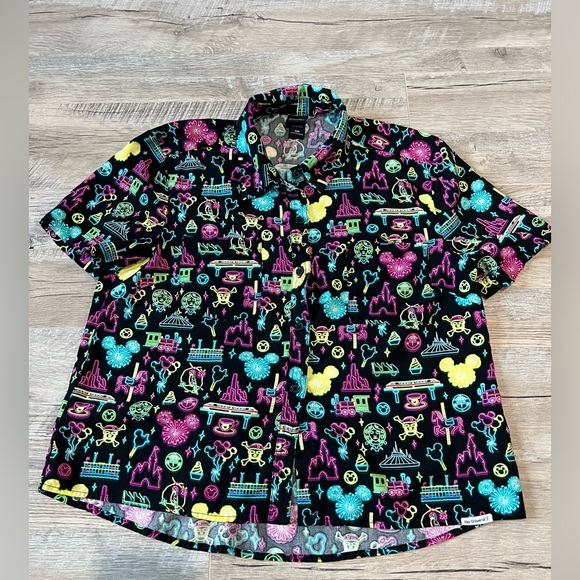 DISNEY Her Universe Neon Icons Black Button Short Sleeve Top  Size Small - Picture 2 of 8